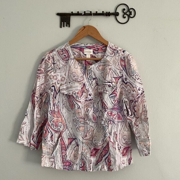 Chicos 100% linen paisley printed zip up shacket blouse in vanity size 1 - Picture 1 of 10